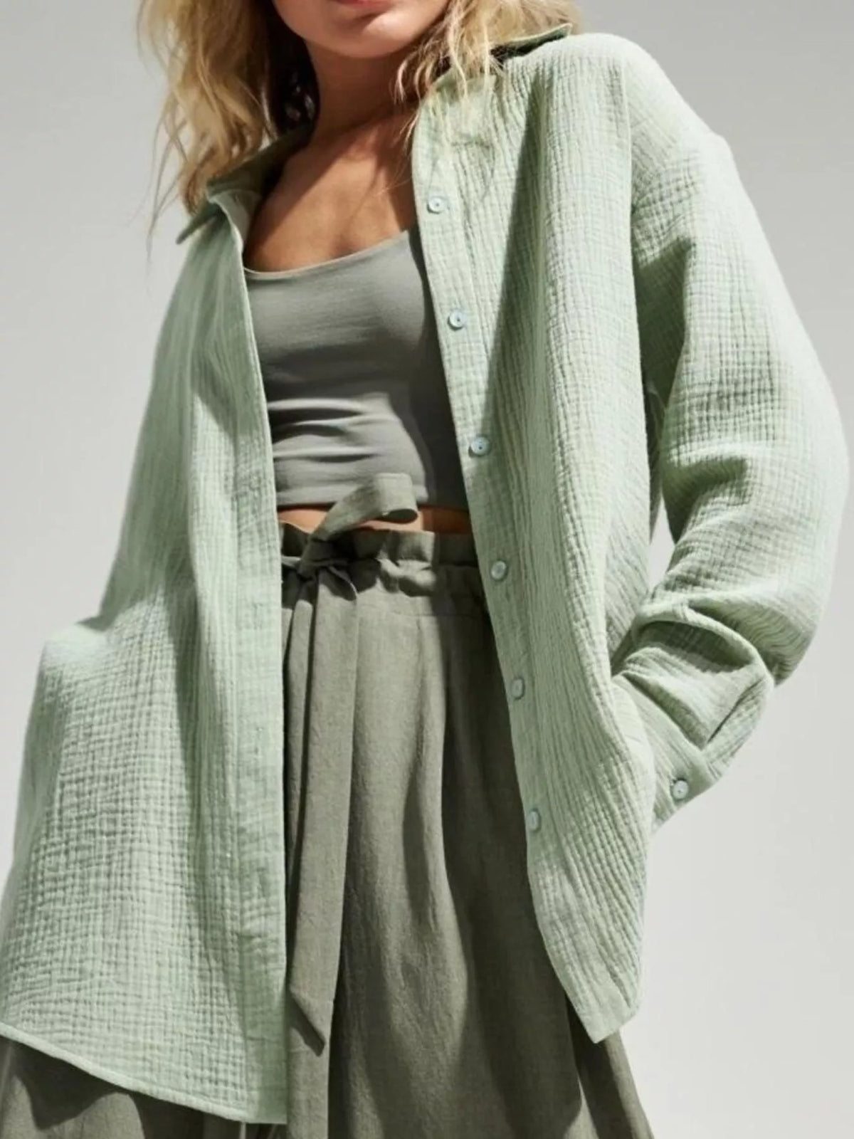 Textured Gauze Button-Down Shirt - Lilixa.store