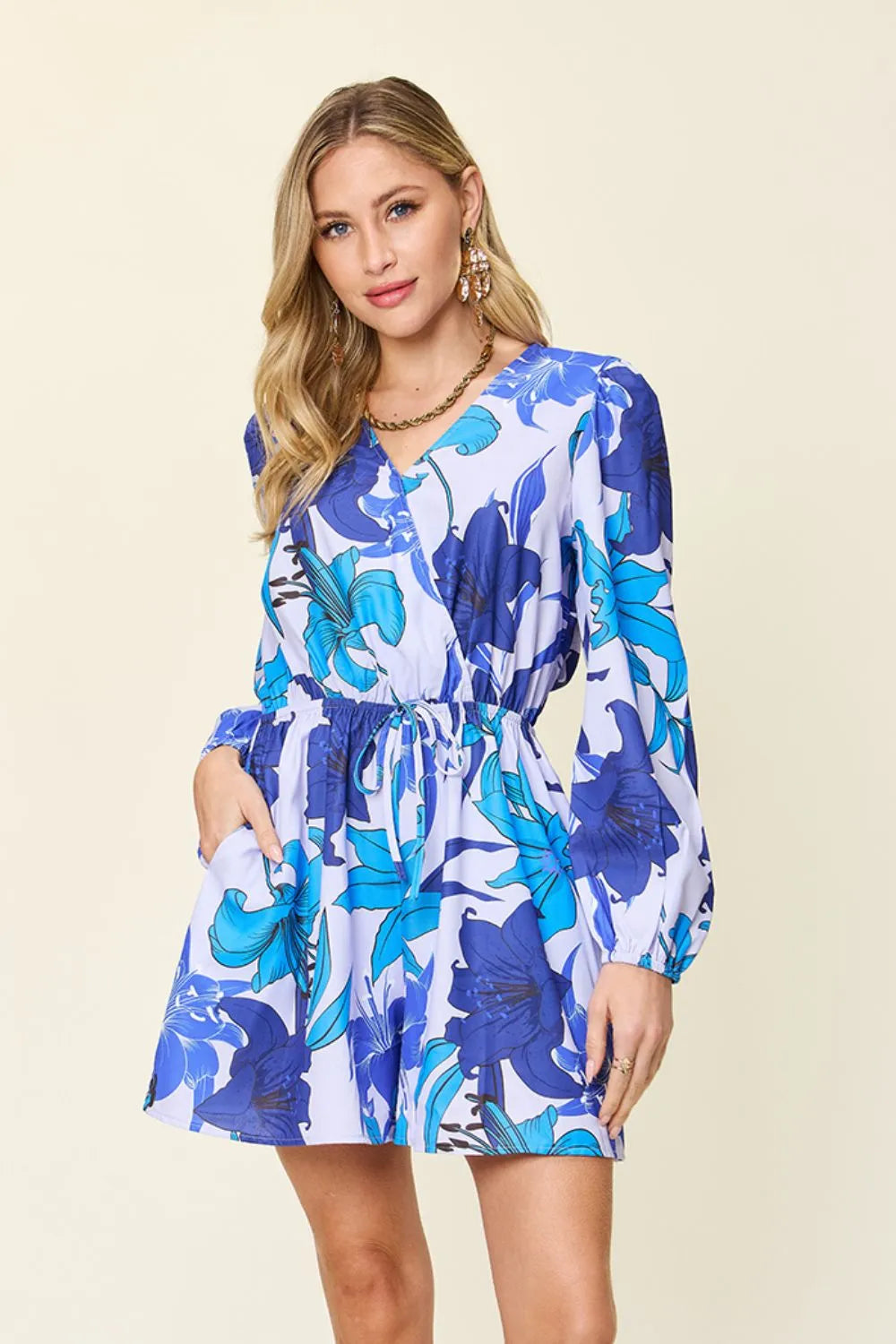 Double Take Full Size Floral Long Sleeve Romper with Pockets - Lilixa.store