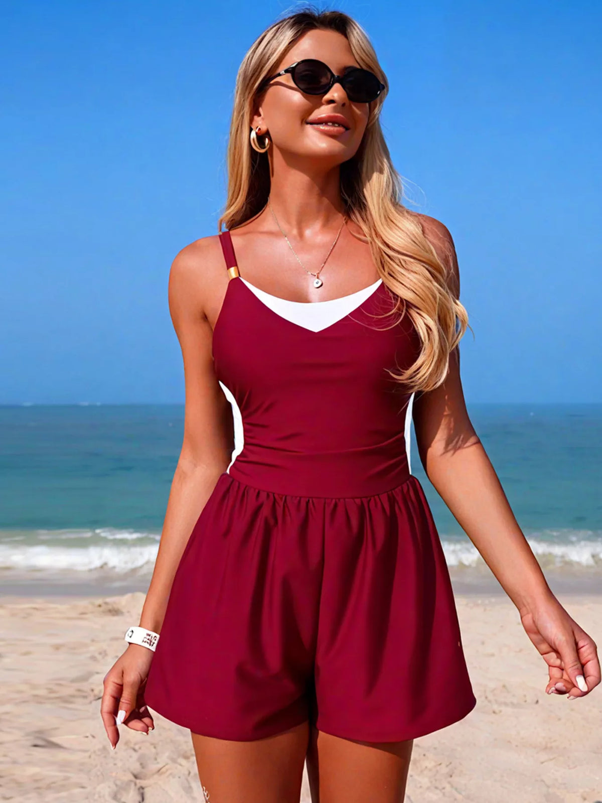 Color Block Adjustable Strap One-Piece Swimsuit - Lilixa.store