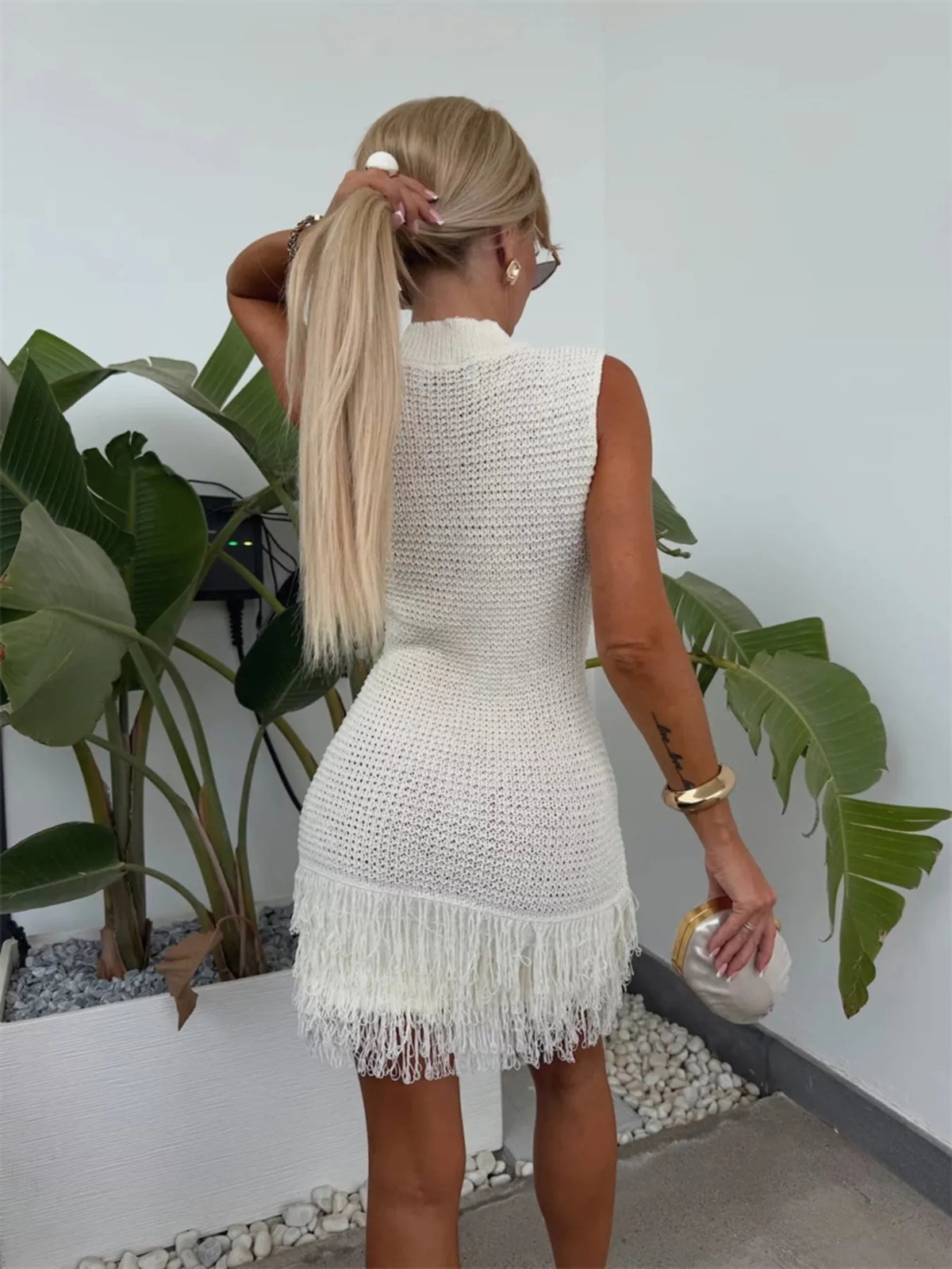 Fringe Round Neck Sweater Dress in Apricot, view 2