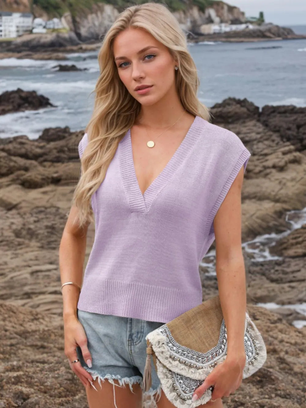 Ribbed Hem V-Neck Sweater Vest, view 15