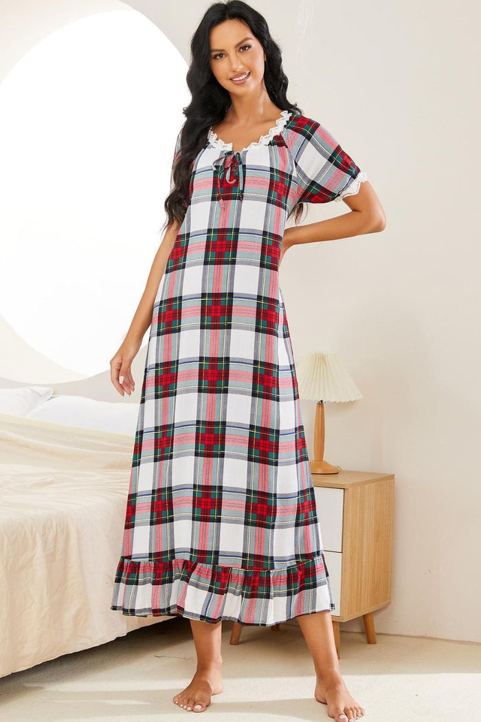 Plaid Lace Trim Ruffle Hem Night Dress - Lilixa.store