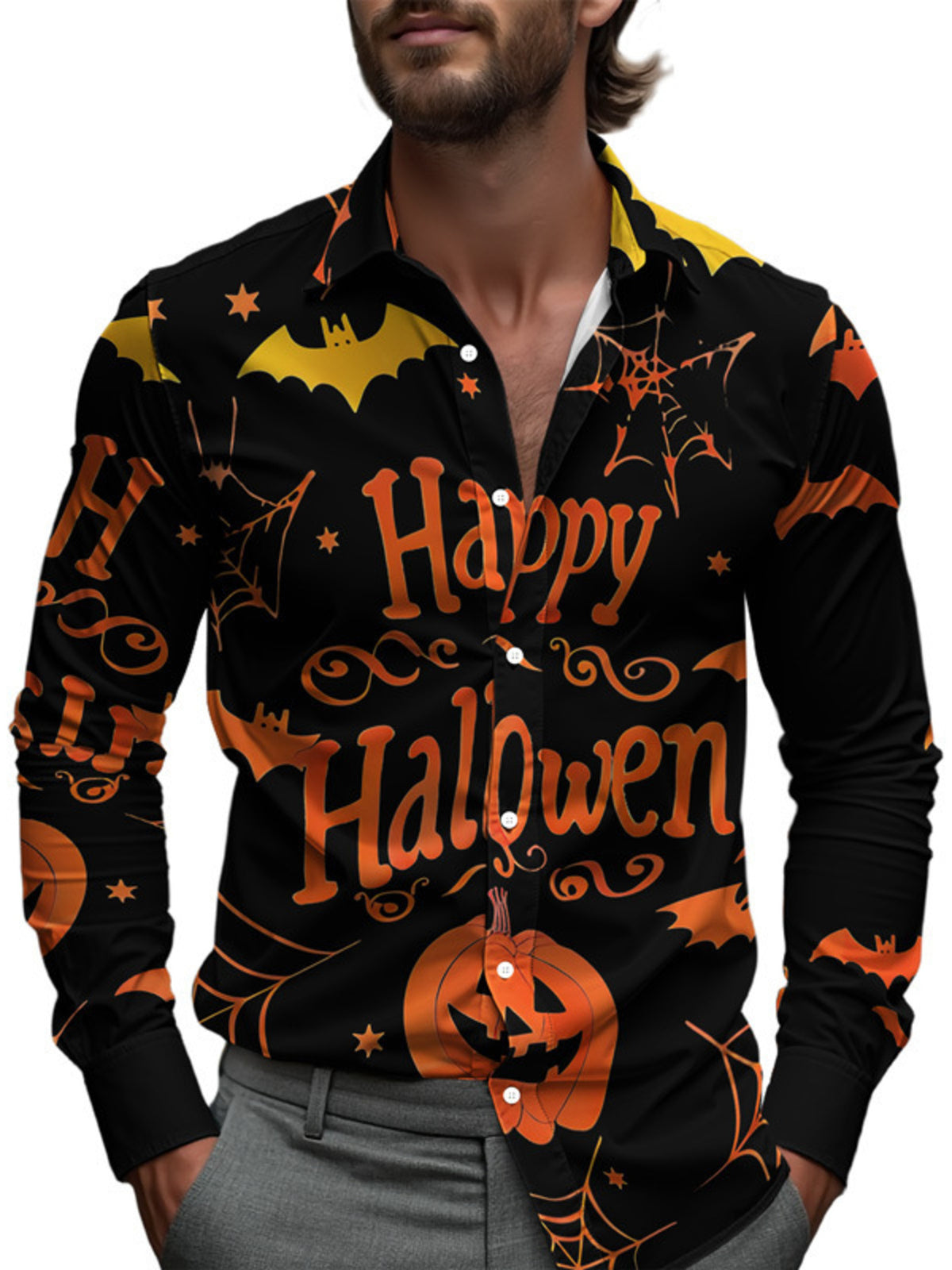 Men's Full Size Halloween Print Long Sleeve Button-Down Shirt Plus Size