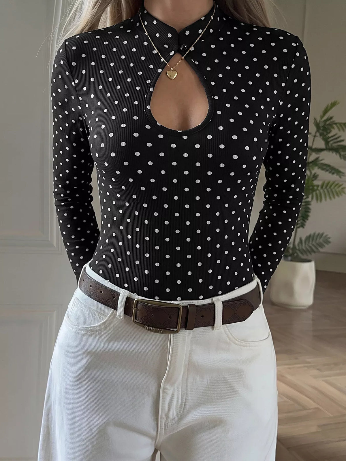 Polka Dot Cutout Long Sleeve Bodysuit