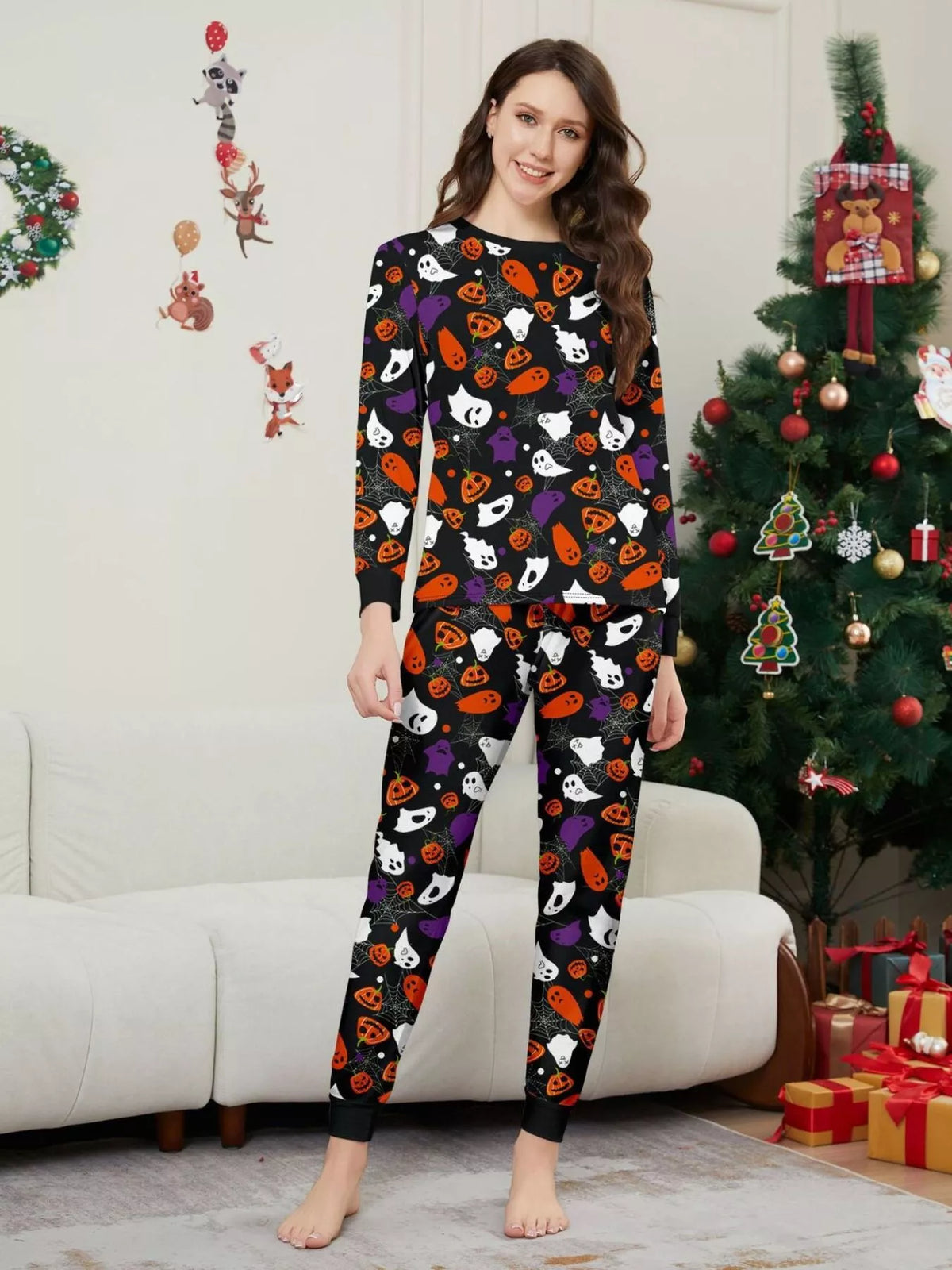 Full Size Halloween Themed Family Matching Pajama Set with Ghost and Pumpkin Print Plus Size