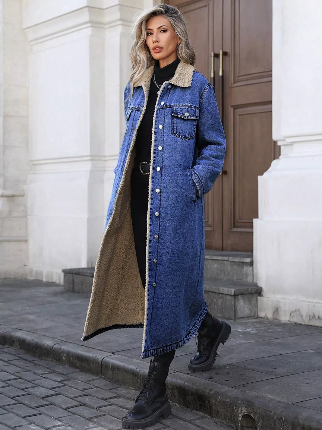 Sherpa Lined Longline Denim Jacket, view 6