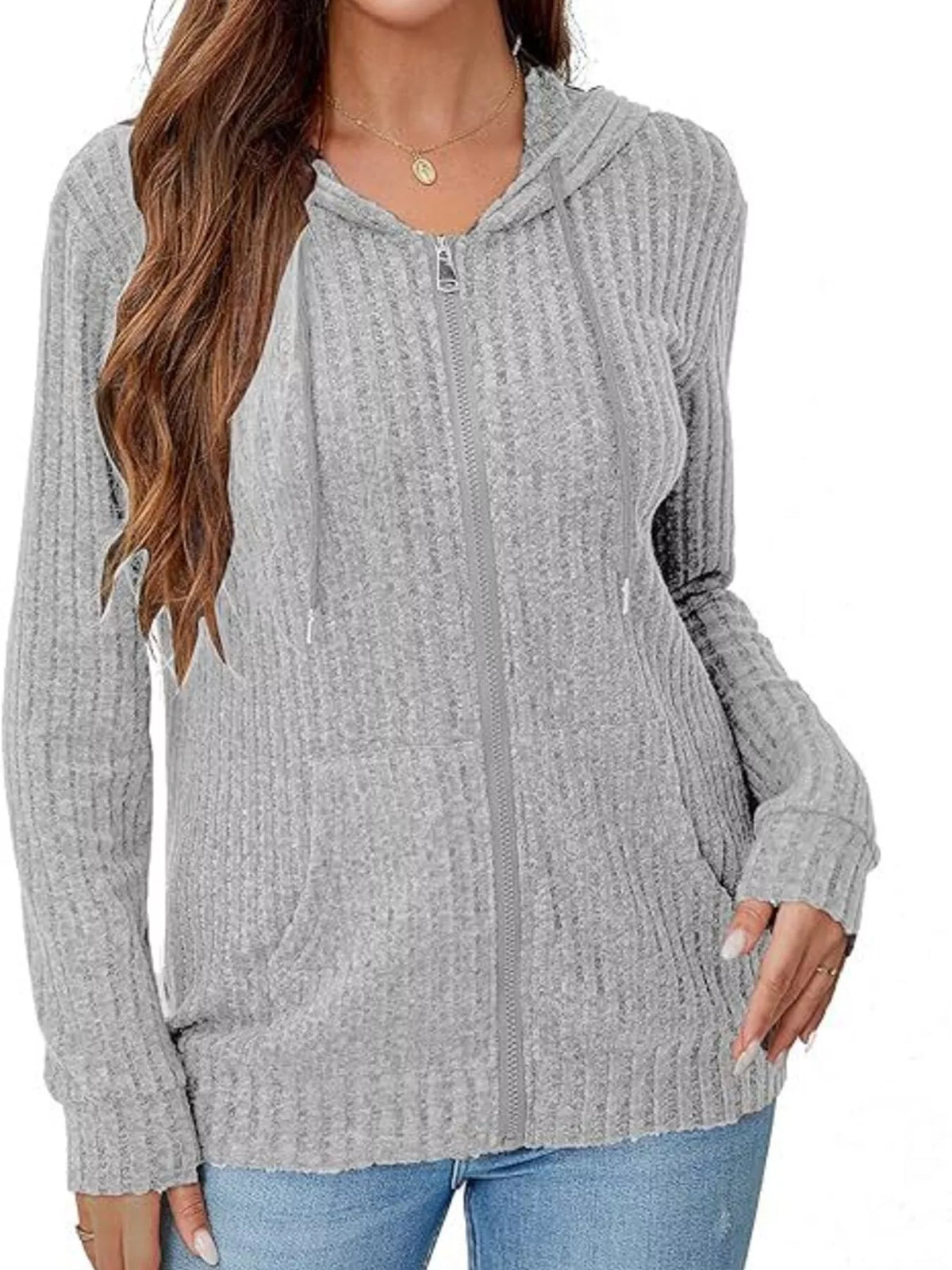 Ribbed Zip Up Hooded Outerwear - Lilixa.store