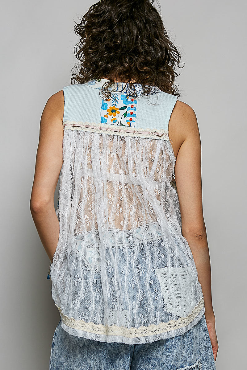POL Floral V-Neck Sheer Tank with Lace Trim - Lilixa.store