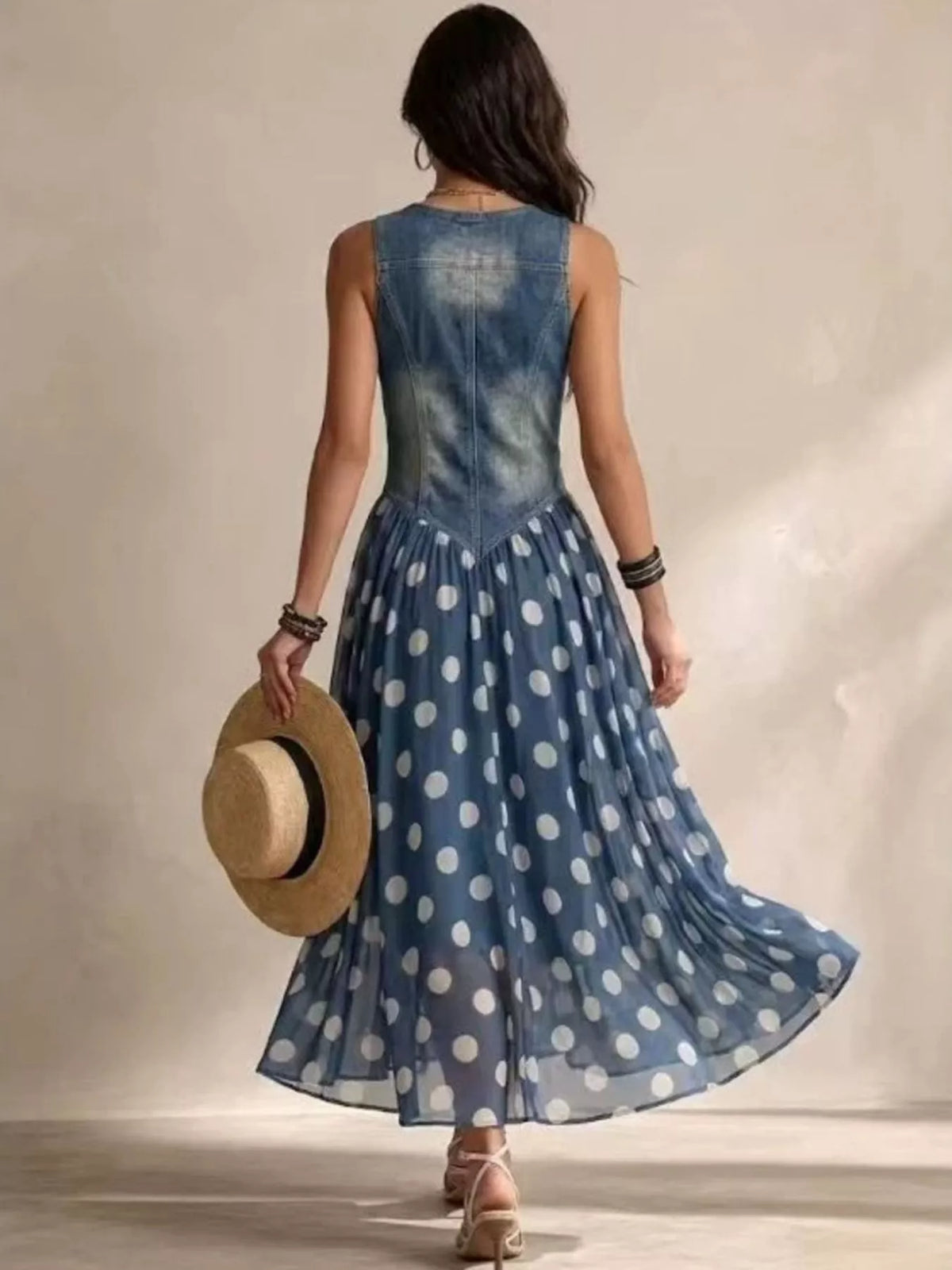 Polka Dot Denim Bodice Sleeveless Maxi Dress, view 2