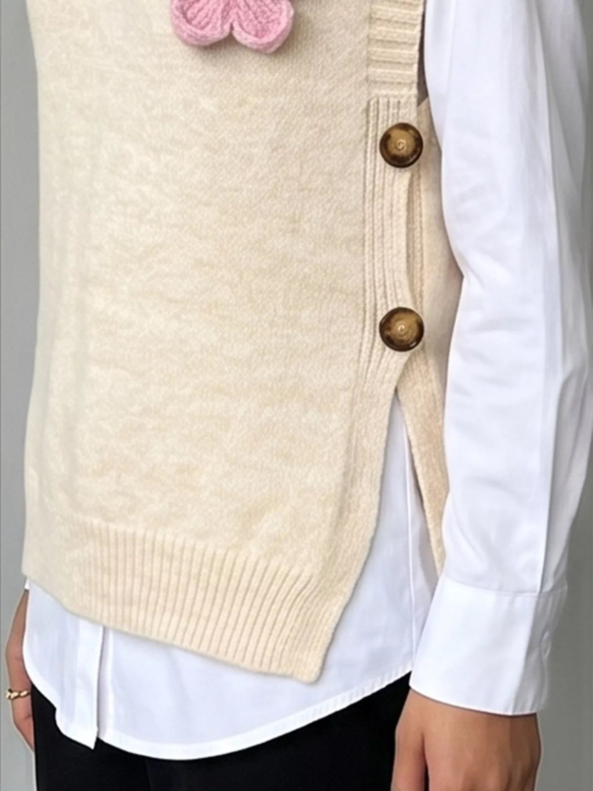Side Button Sweater Vest with 3D Floral Appliques, view 8