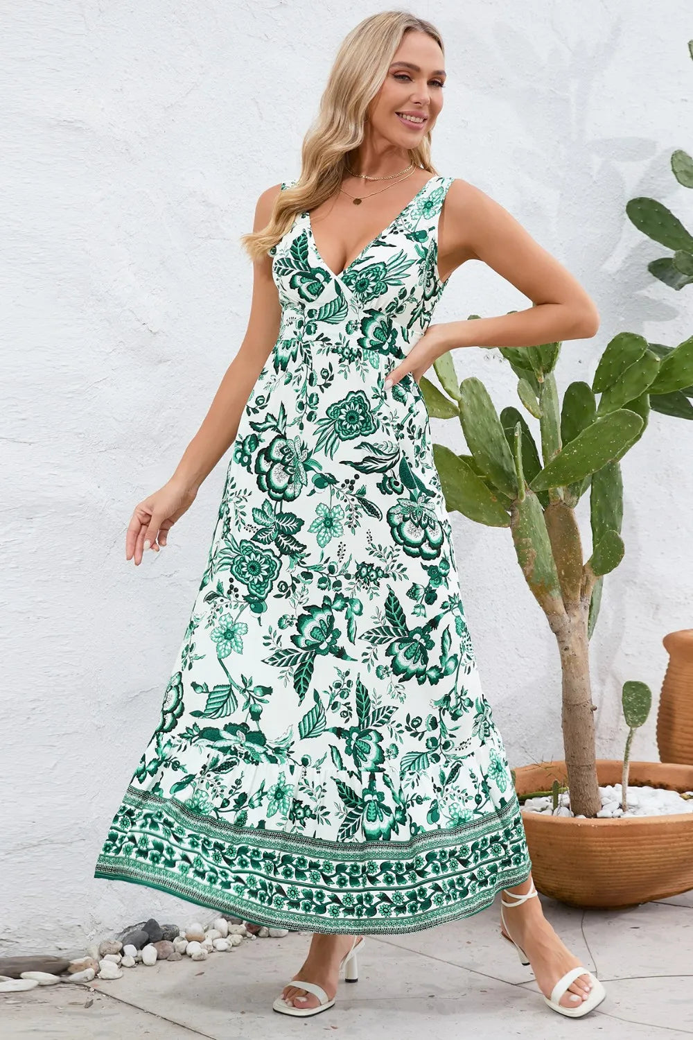 Printed V-Neck Wide Strap Dress - Lilixa.store