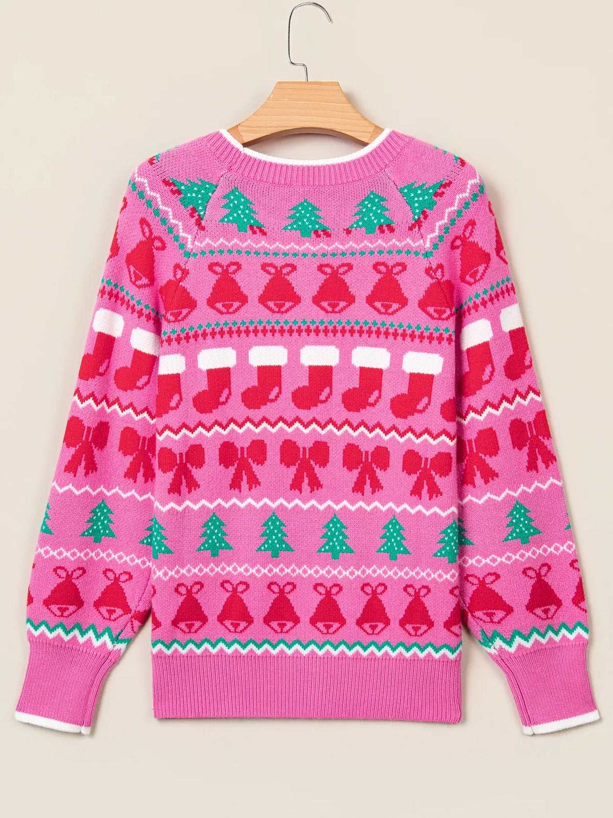 Christmas Holiday Graphic Round Neck Knit Sweater in Fuchsia Pink, view 4