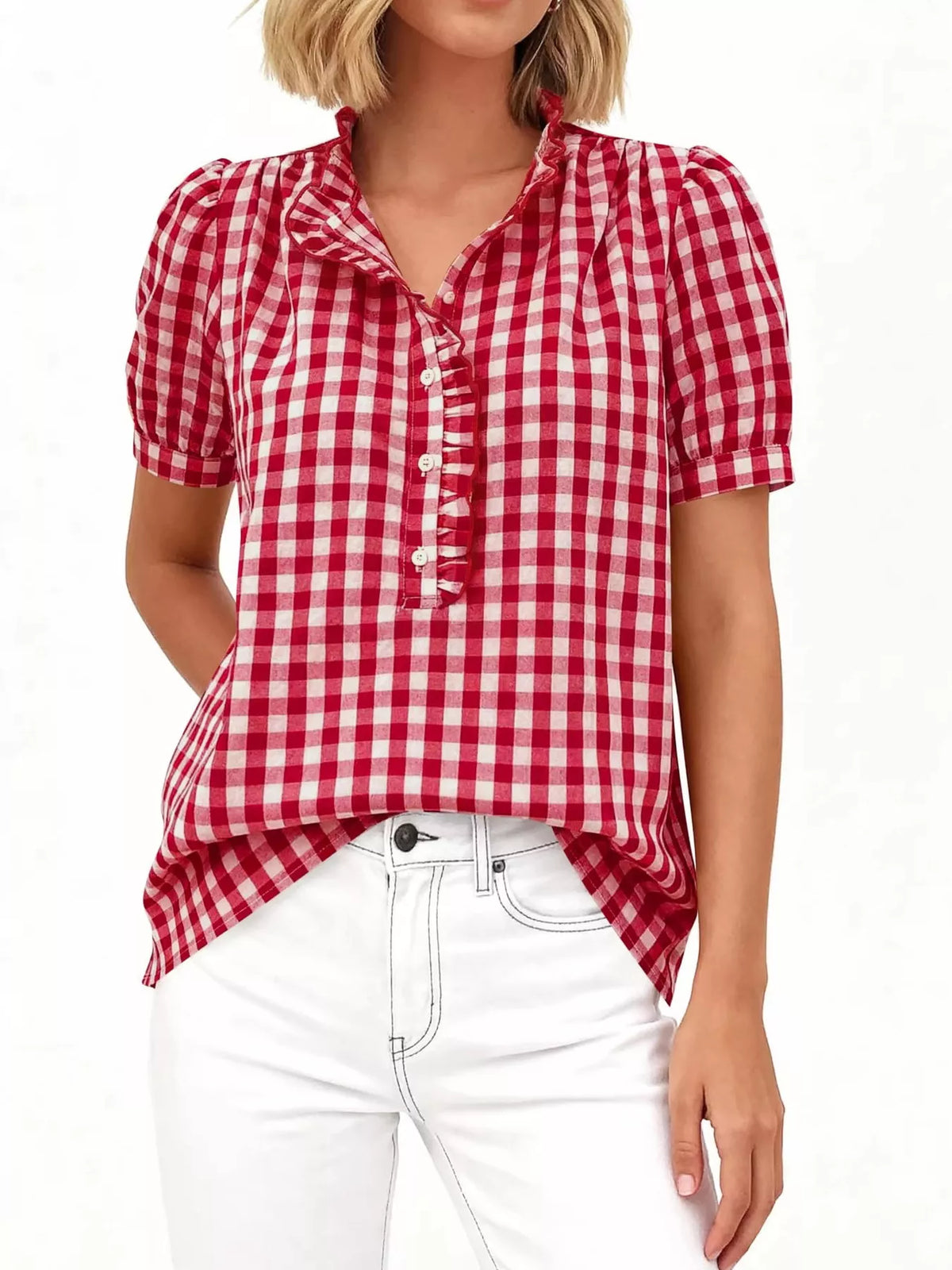 Gingham Button Front Puff Sleeve Blouse, view 5