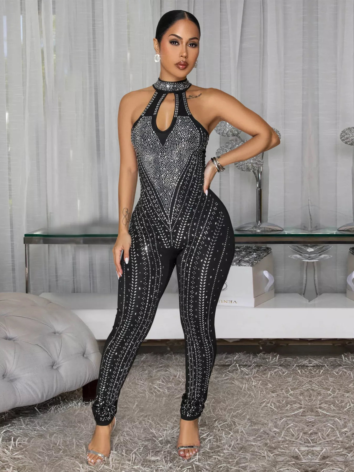 Sparkling Rhinestone Cutout Jumpsuit - Lilixa.store