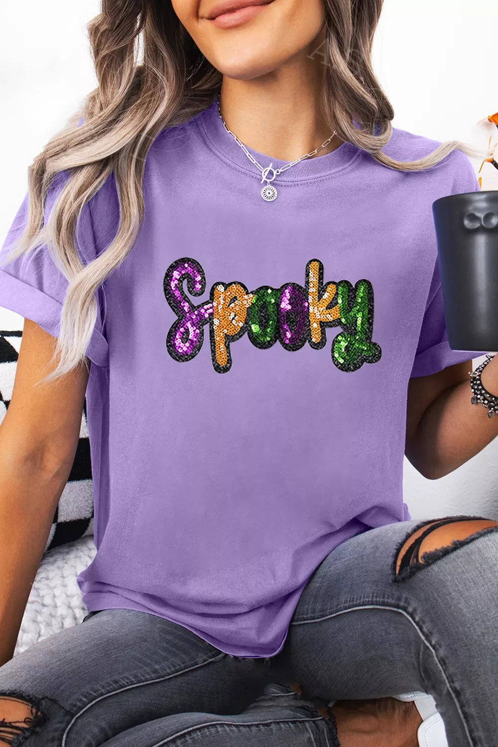 Full Size Spooky Sequin Letter Patched Cotton Blend T Shirt Plus Size - Lilixa.store