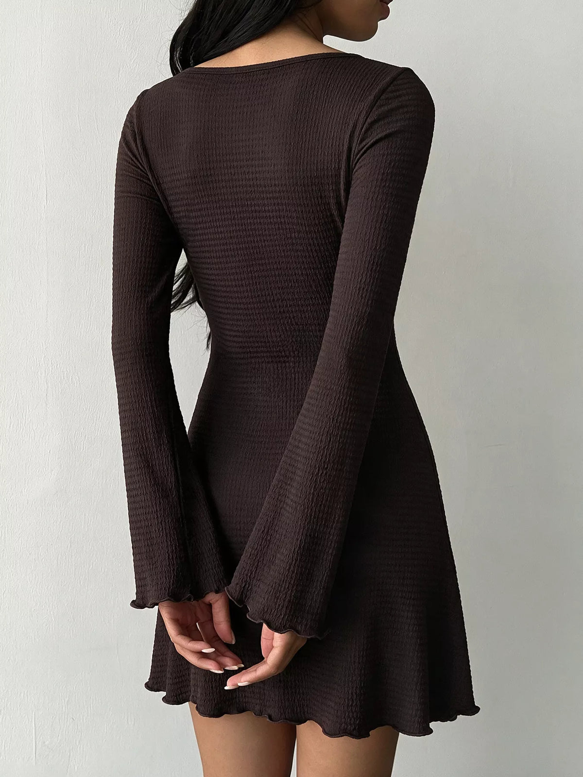 Long-Sleeve Waffle Knit Bodycon Mini Dress in Coffee Brown, view 6