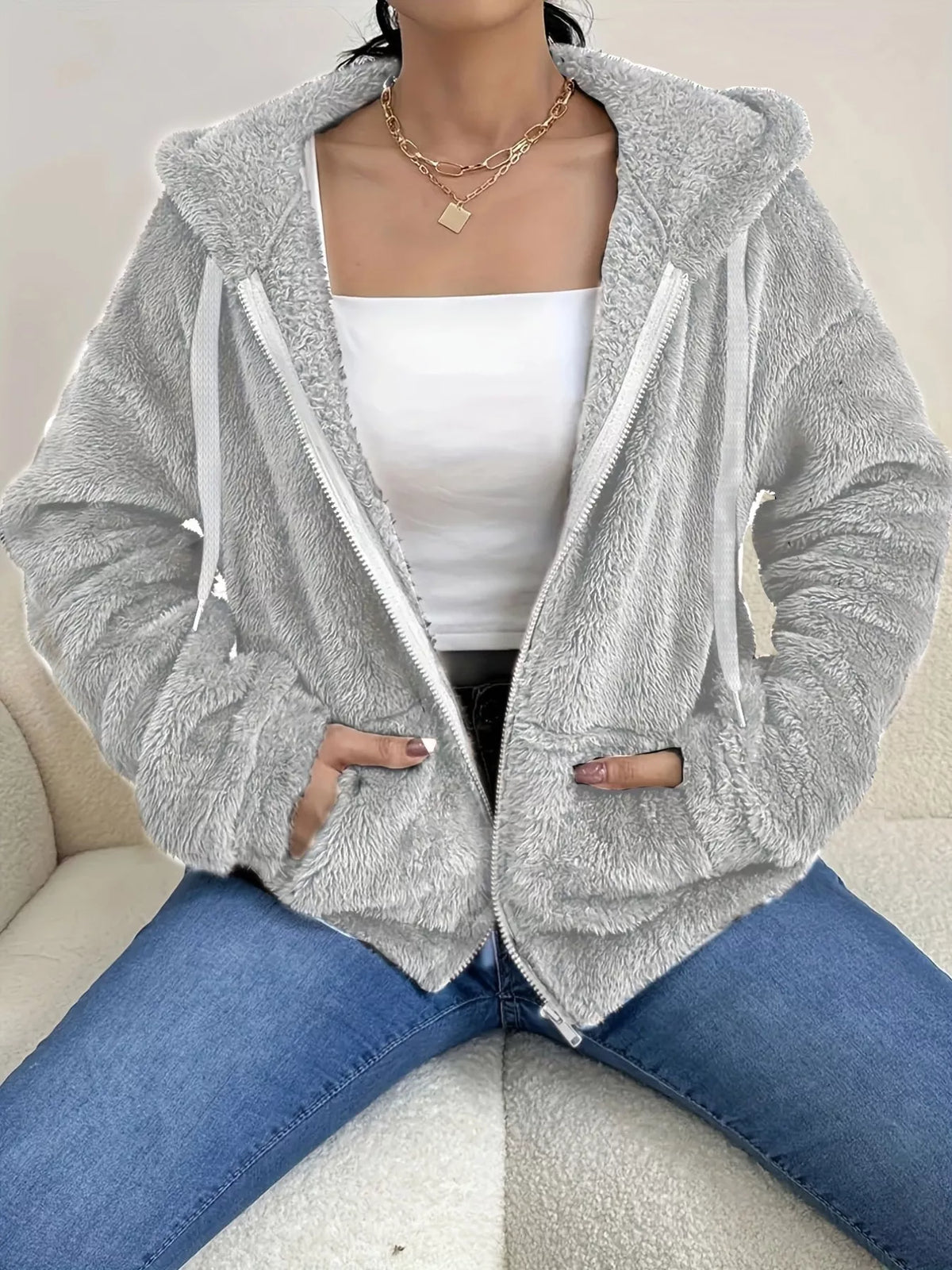 Drawstring Fleece Zip-Up Outerwear in Light Gray