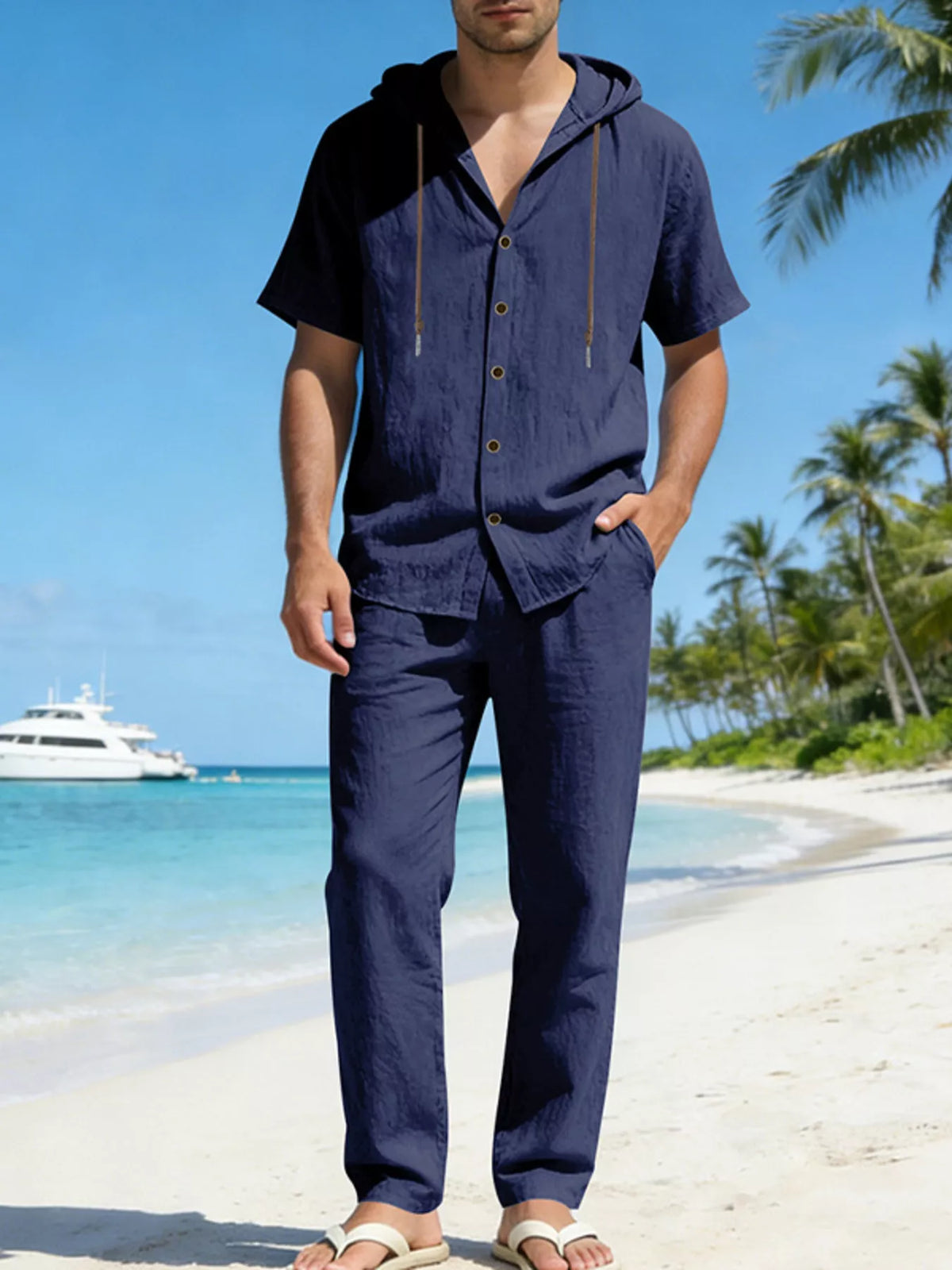 Men's Full Size Button Up Hooded Top and Pants Set Plus Size - Lilixa.store