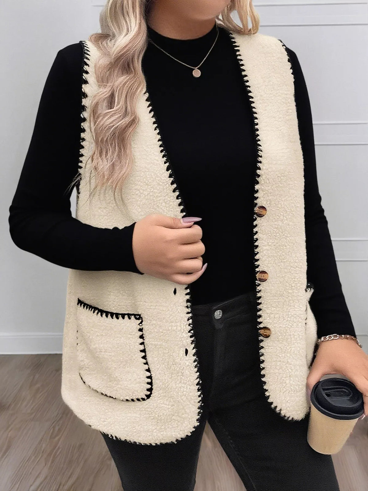 Plus Size Contrast Trim Button Up Vest Coat in Beige, view 5