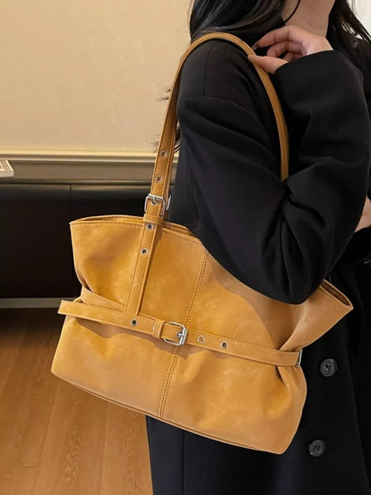 Washed Suede Buckle Detail Tote Bag