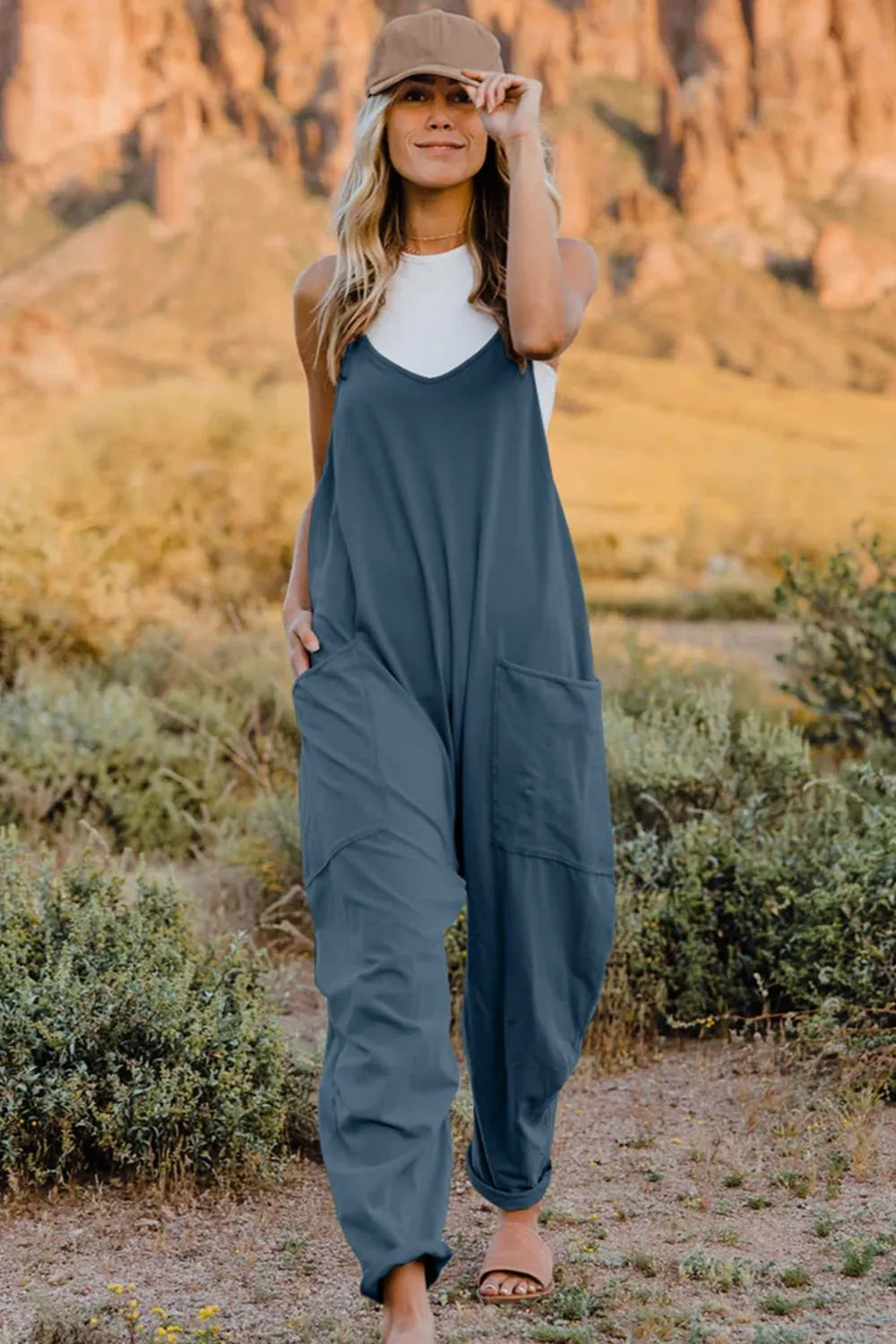 Double Take Full Size V-Neck Sleeveless Jumpsuit with Pockets - Lilixa.store