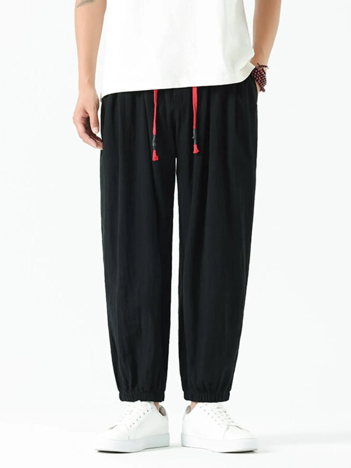 Men's Drawstring Wide Leg Relaxed Fit Pants in Black