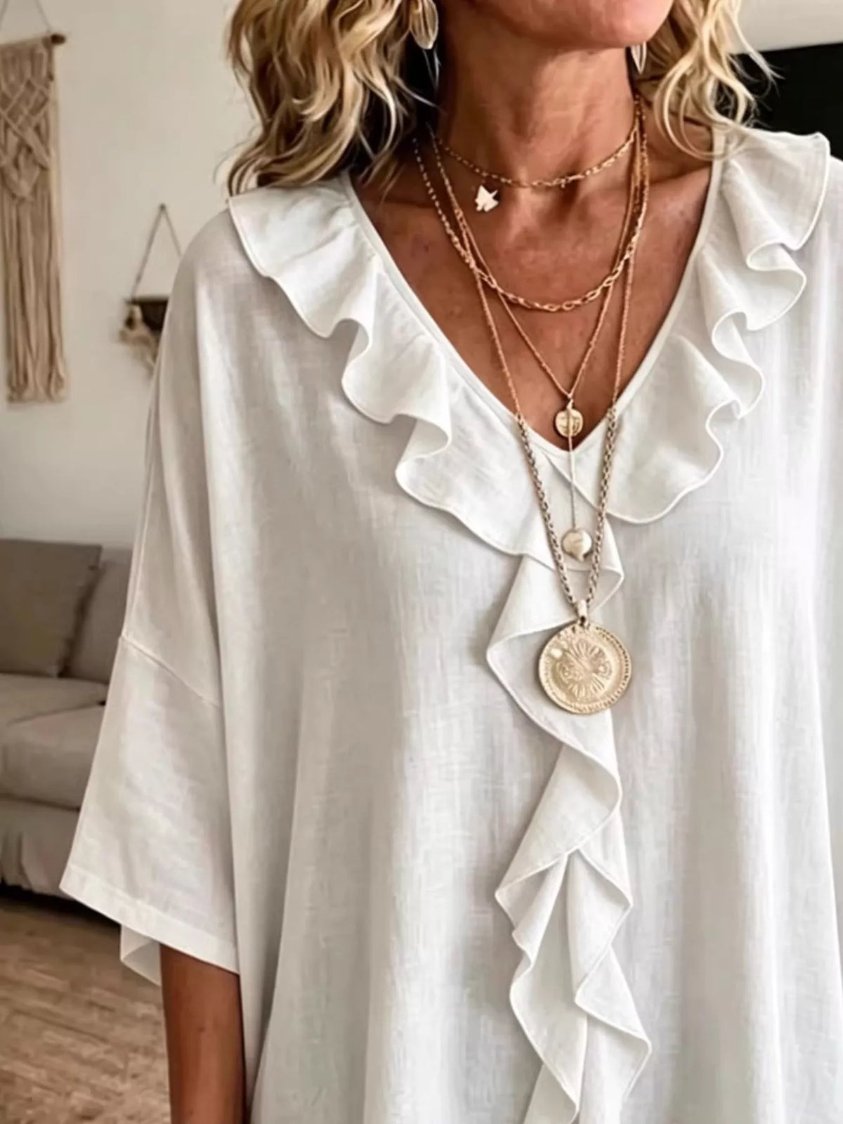 Full Size Ruffle V-Neck 3/4 Sleeve Blouse Plus Size - Lilixa.store