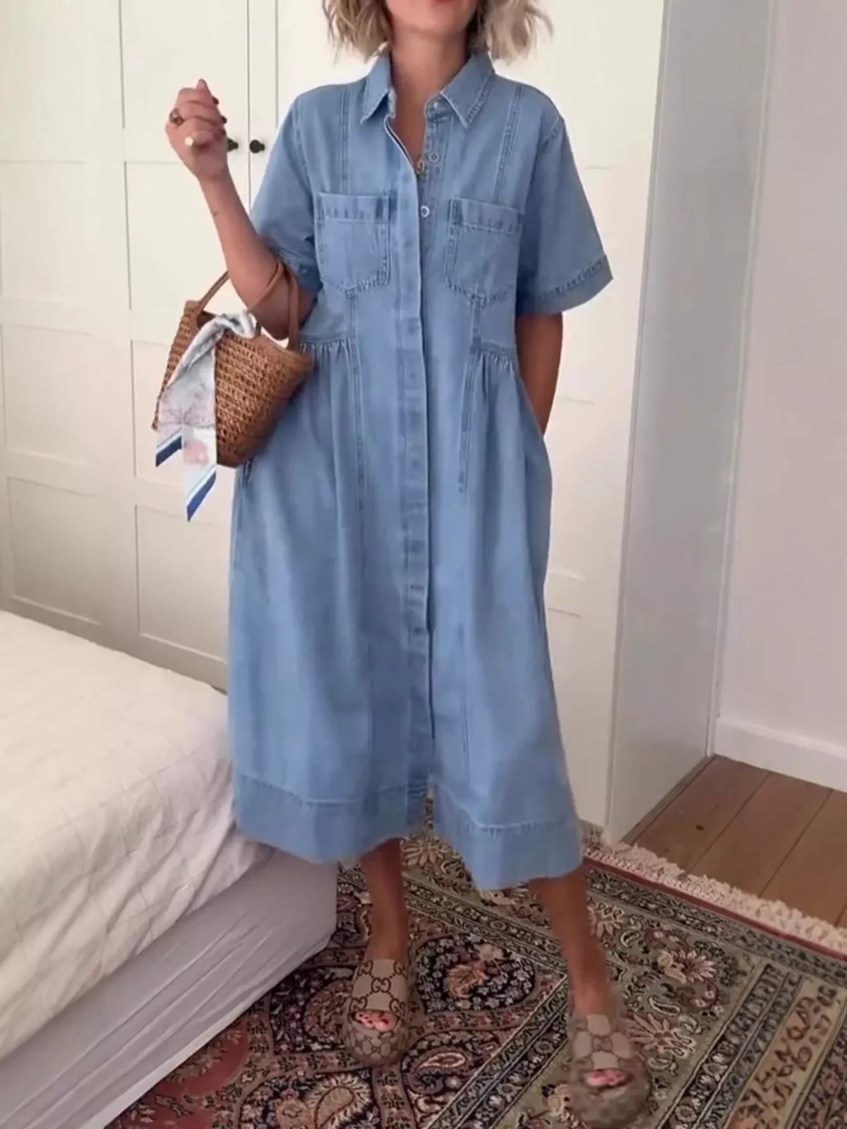 Full Size Button Front Denim Midi Dress Plus Size - Lilixa.store