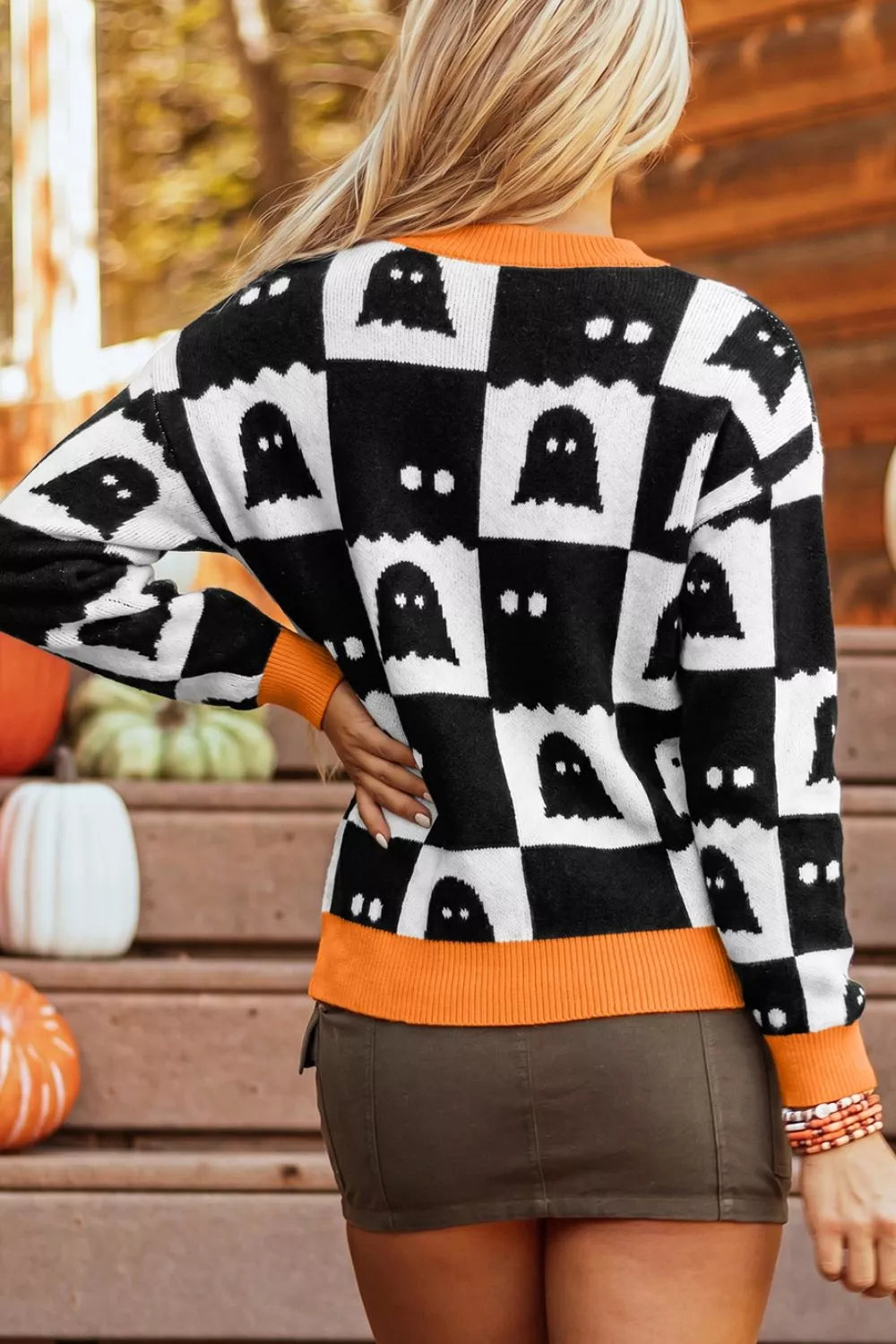 Halloween Ghost Pattern Checkerboard Sweater - Lilixa.store