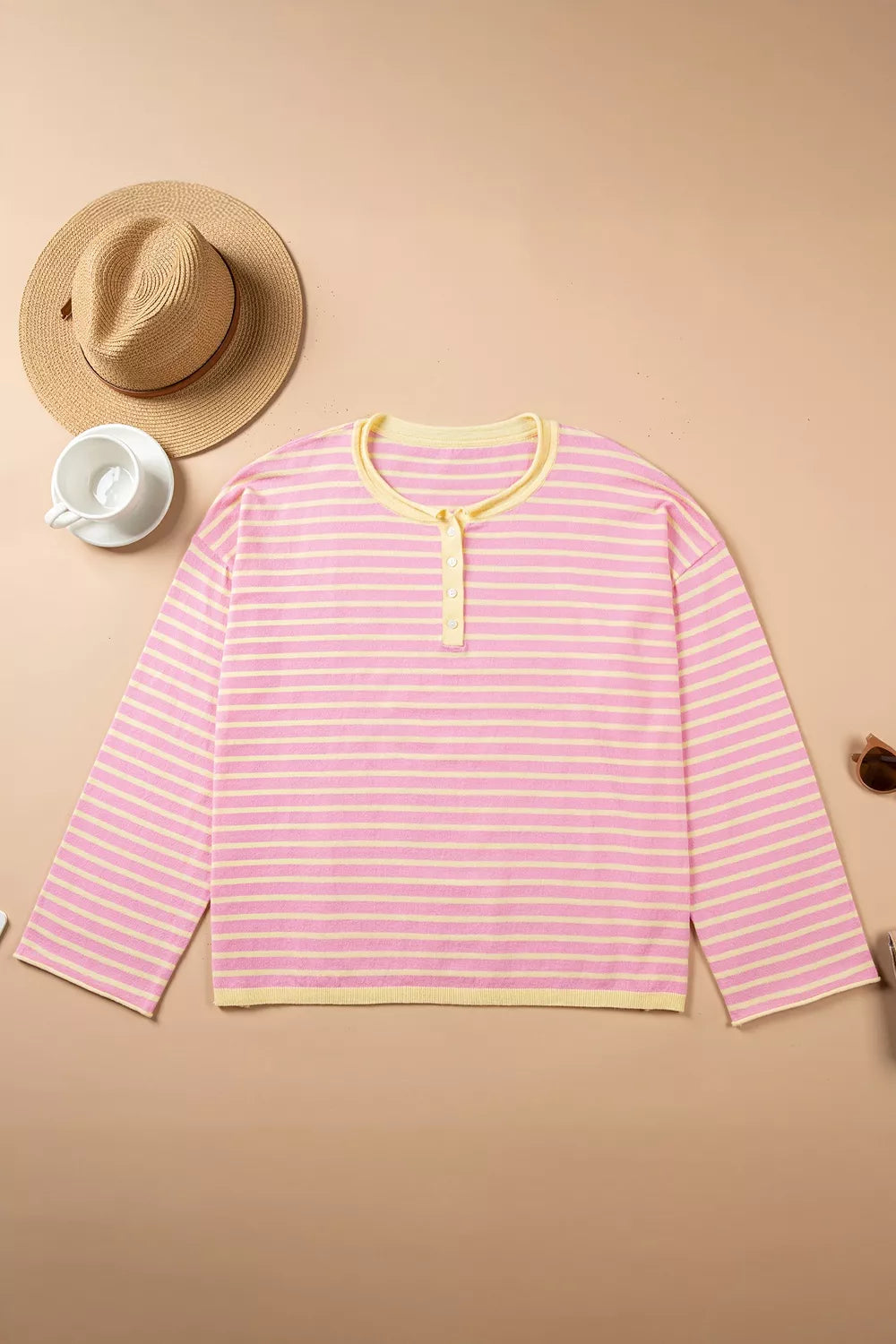 Plus Size Striped Long Sleeve Button Detail Sweater in Dusty Pink, view 6