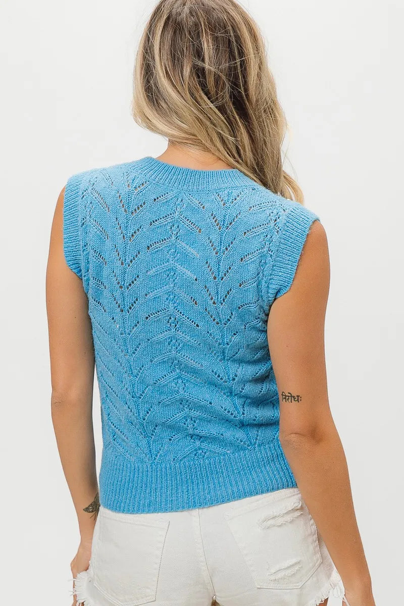 BiBi Chevron Pointelle Pearl Knit Top in Denim, view 5