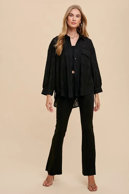 Annie Wear Openwork Button Down Drop Shoulder Shirt - Lilixa.store