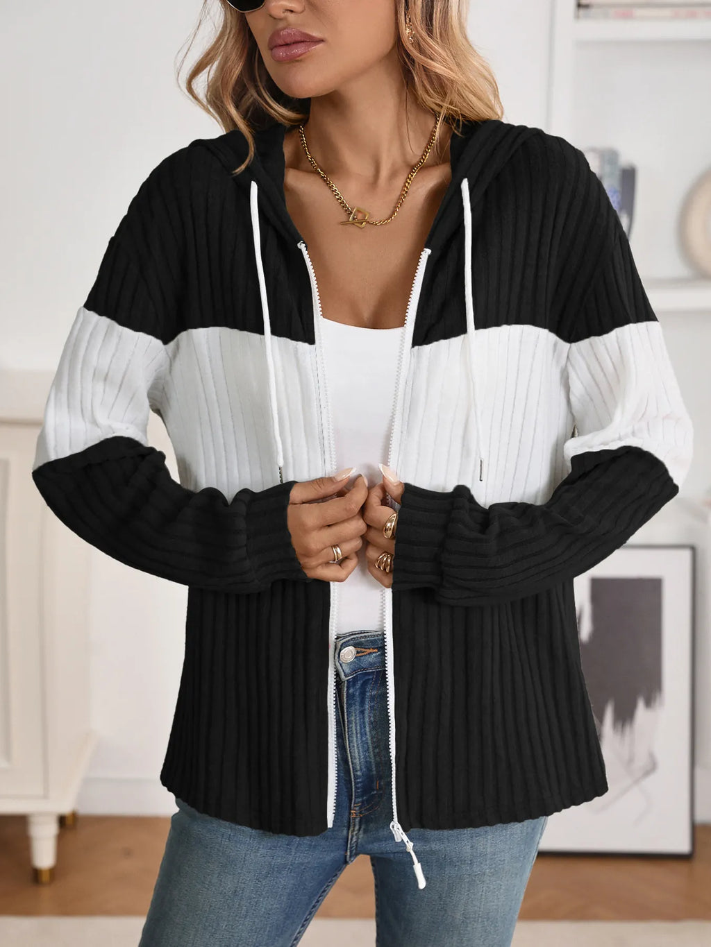 Drawstring Color Block Zip Up Outerwear - Lilixa.store