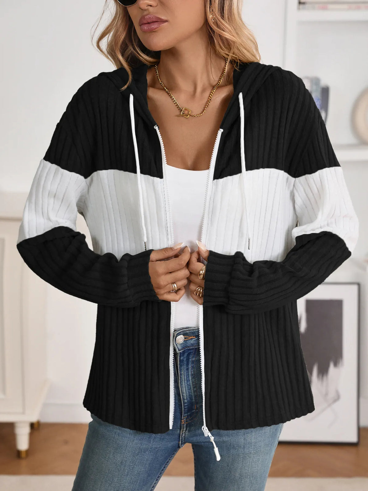 Drawstring Color Block Zip Up Outerwear - Lilixa.store