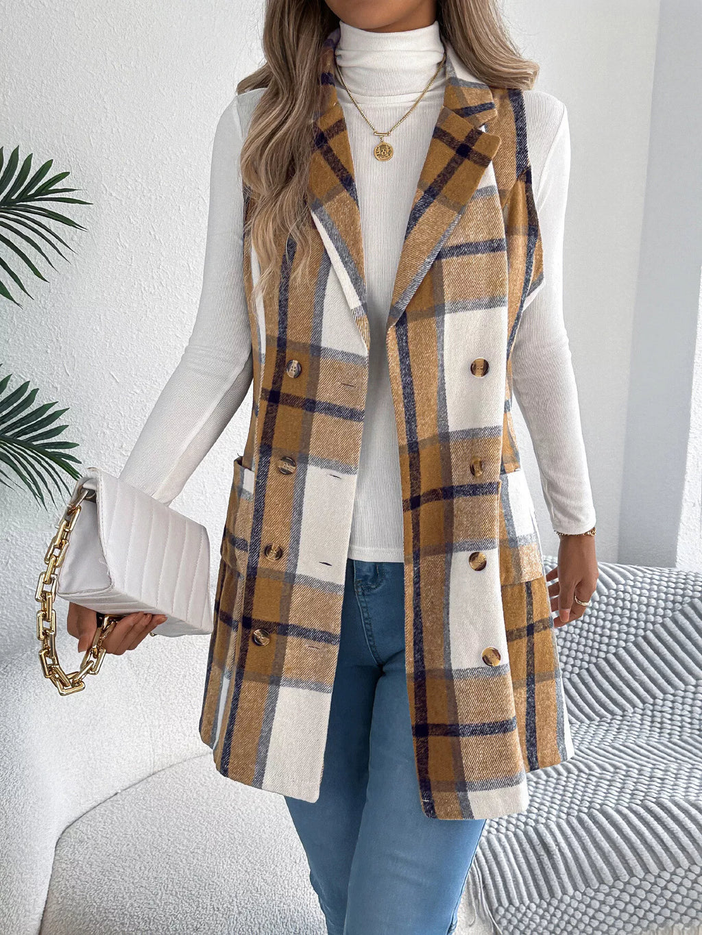 Plaid Double-Breasted Vest Coat - Lilixa.store