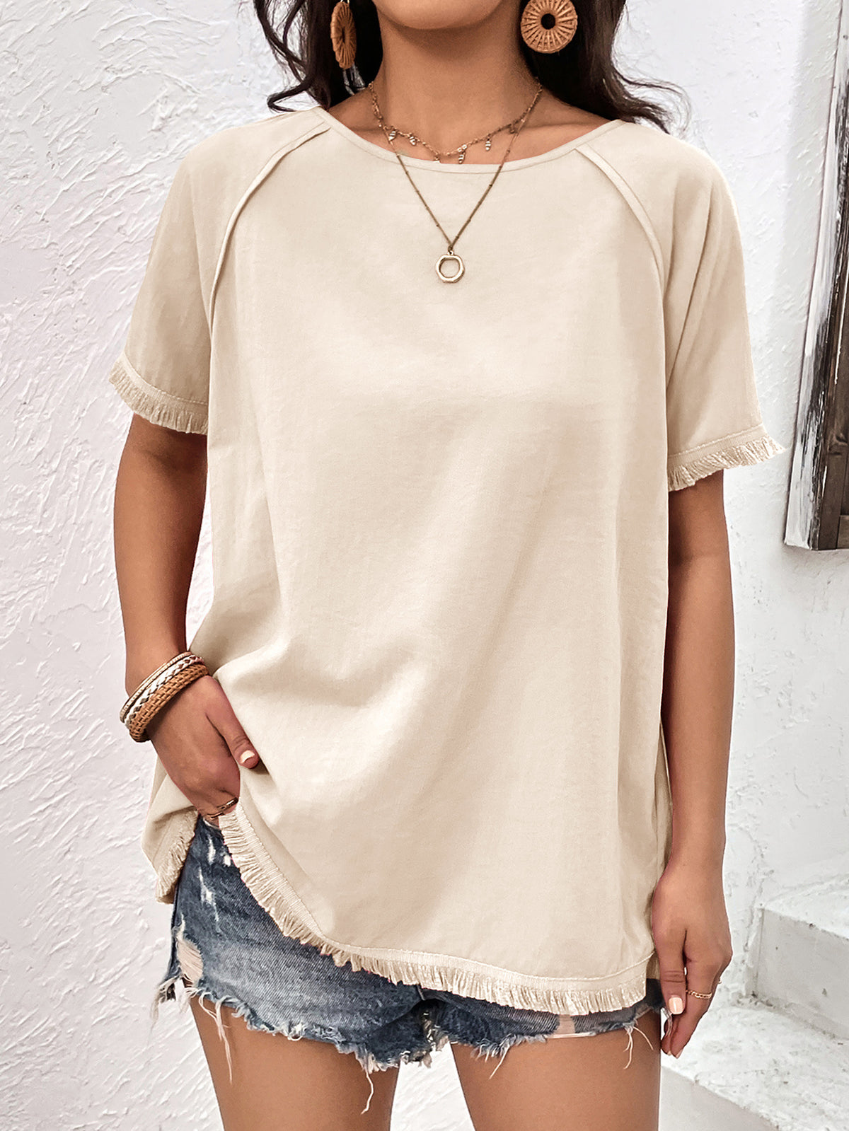 Ivy Lane Round Neck Raglan Sleeve Fringe Detail Top in Cream