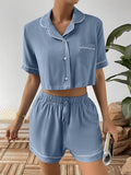 Ivy Lane Contrast Lapel Collar Cropped Shirt and Shorts Lounge Set - Lilixa.store