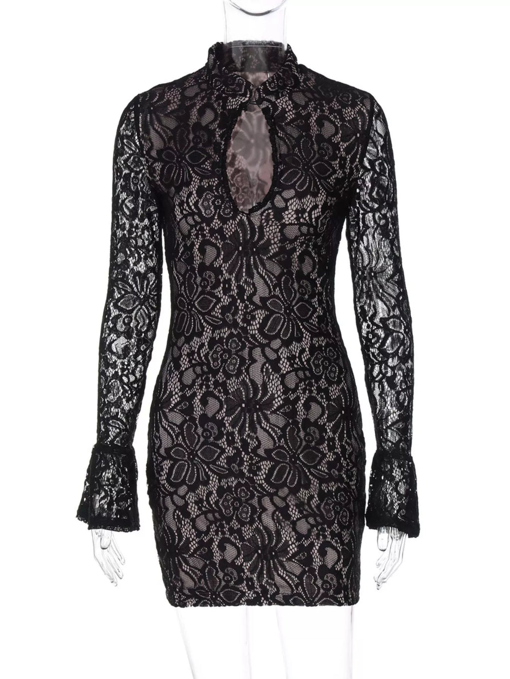 Lace Cutout Long Sleeve Mini Dress - Lilixa.store