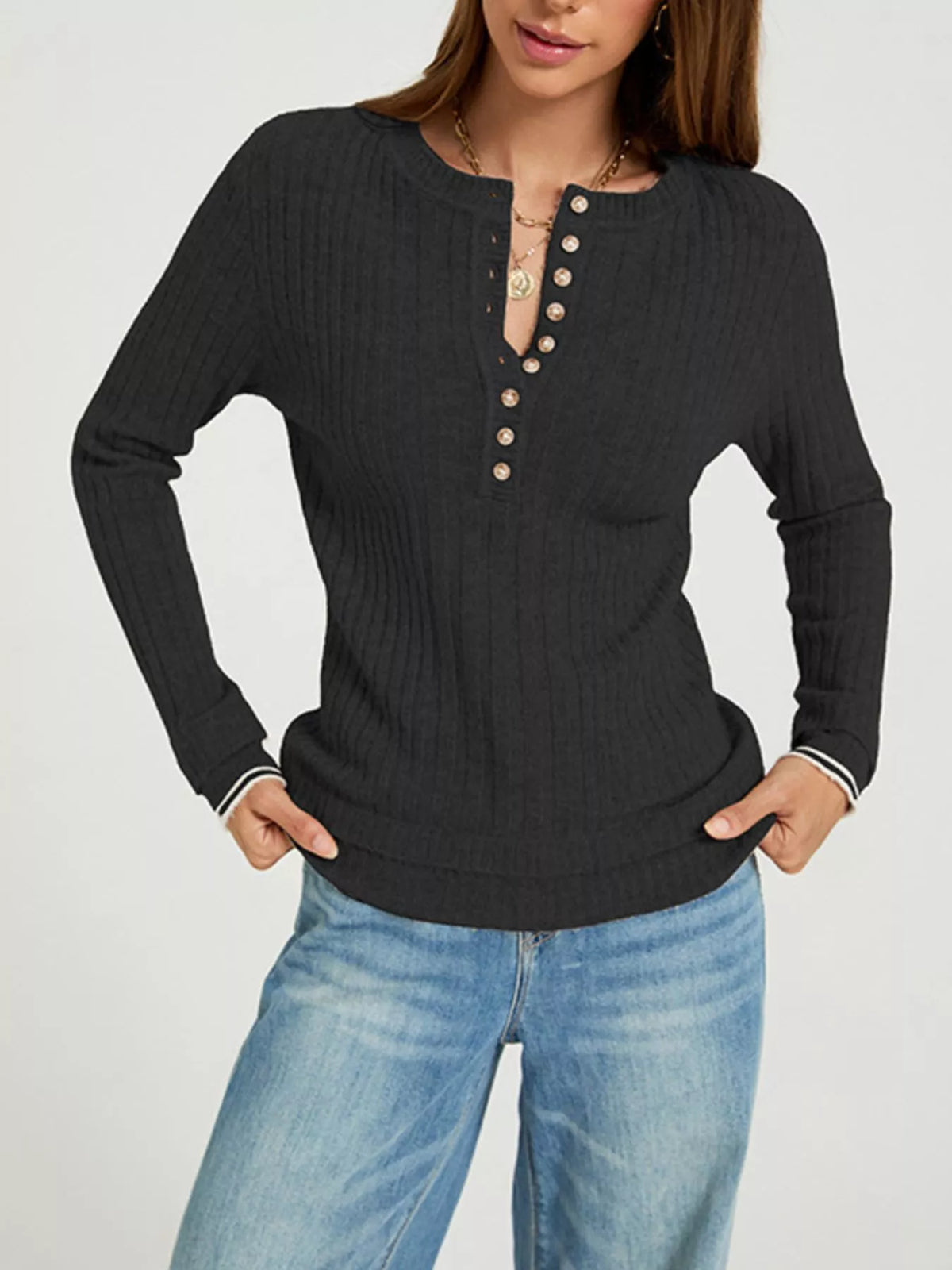 Button Detail Ribbed Knit Top