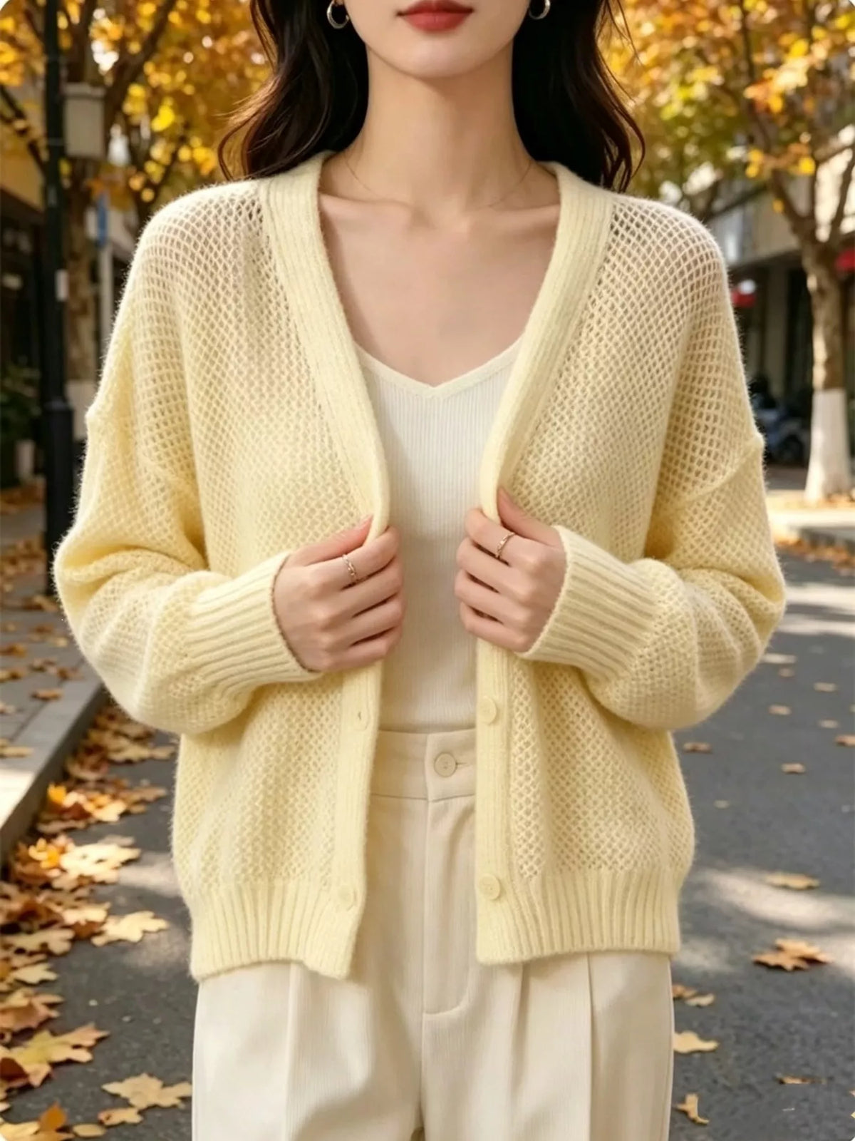 V-Neck Open-Knit Button-Down Cardigan - Lilixa.store