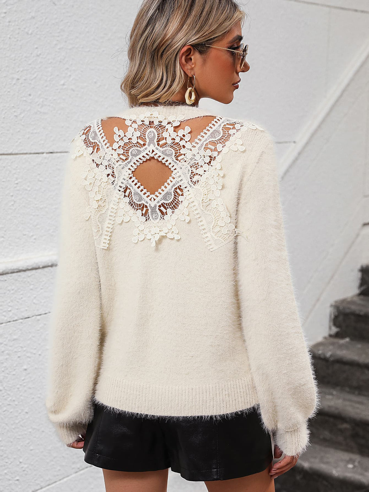 Lace Detail Cutout Long Sleeve Pullover Sweater in Ivory