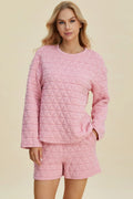 Double Take Full Size Texture Round Neck Long Sleeve Top and Shorts Set - Lilixa.store