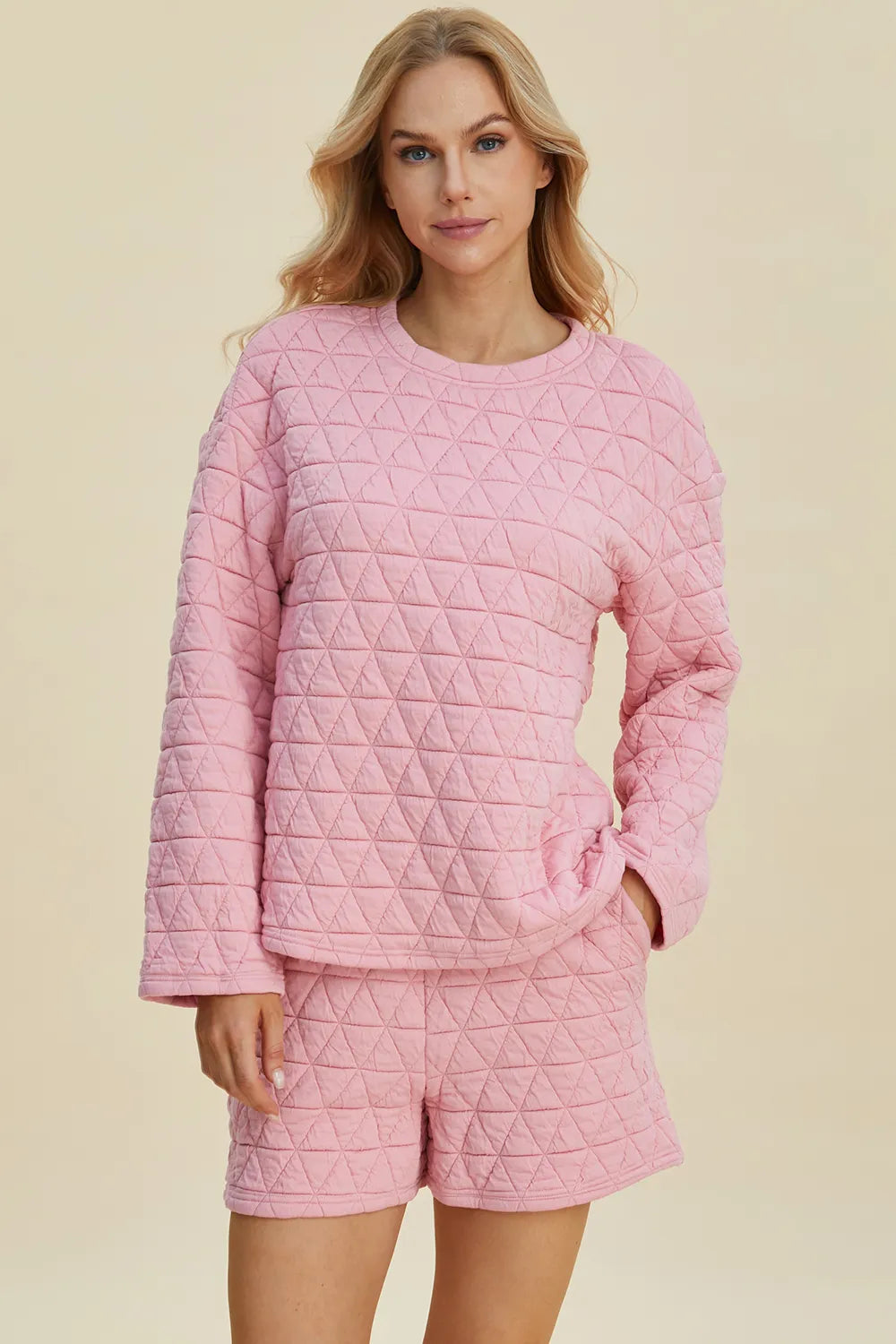 Double Take Full Size Texture Round Neck Long Sleeve Top and Shorts Set - Lilixa.store