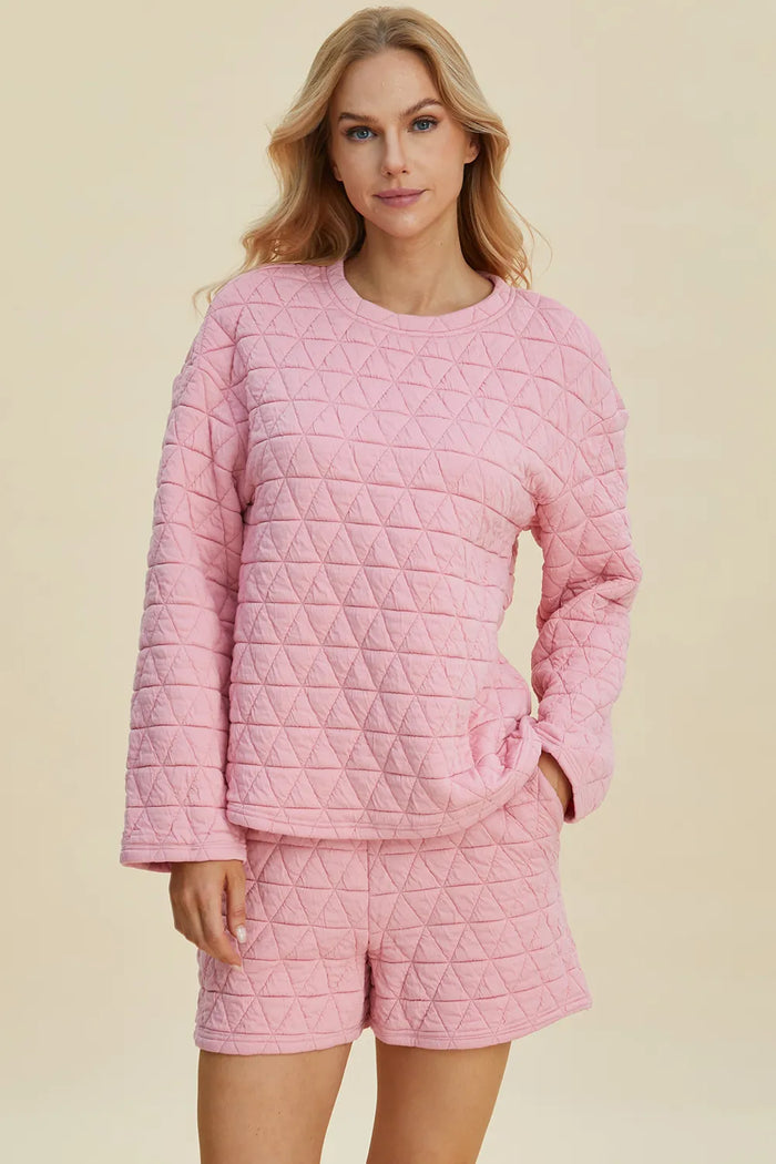 Double Take Full Size Texture Round Neck Long Sleeve Top and Shorts Set - Lilixa.store