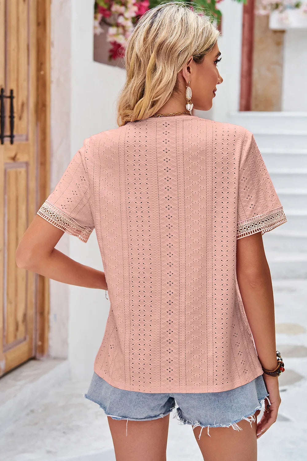 Eyelet V-Neck Short Sleeve T-Shirt - Lilixa.store