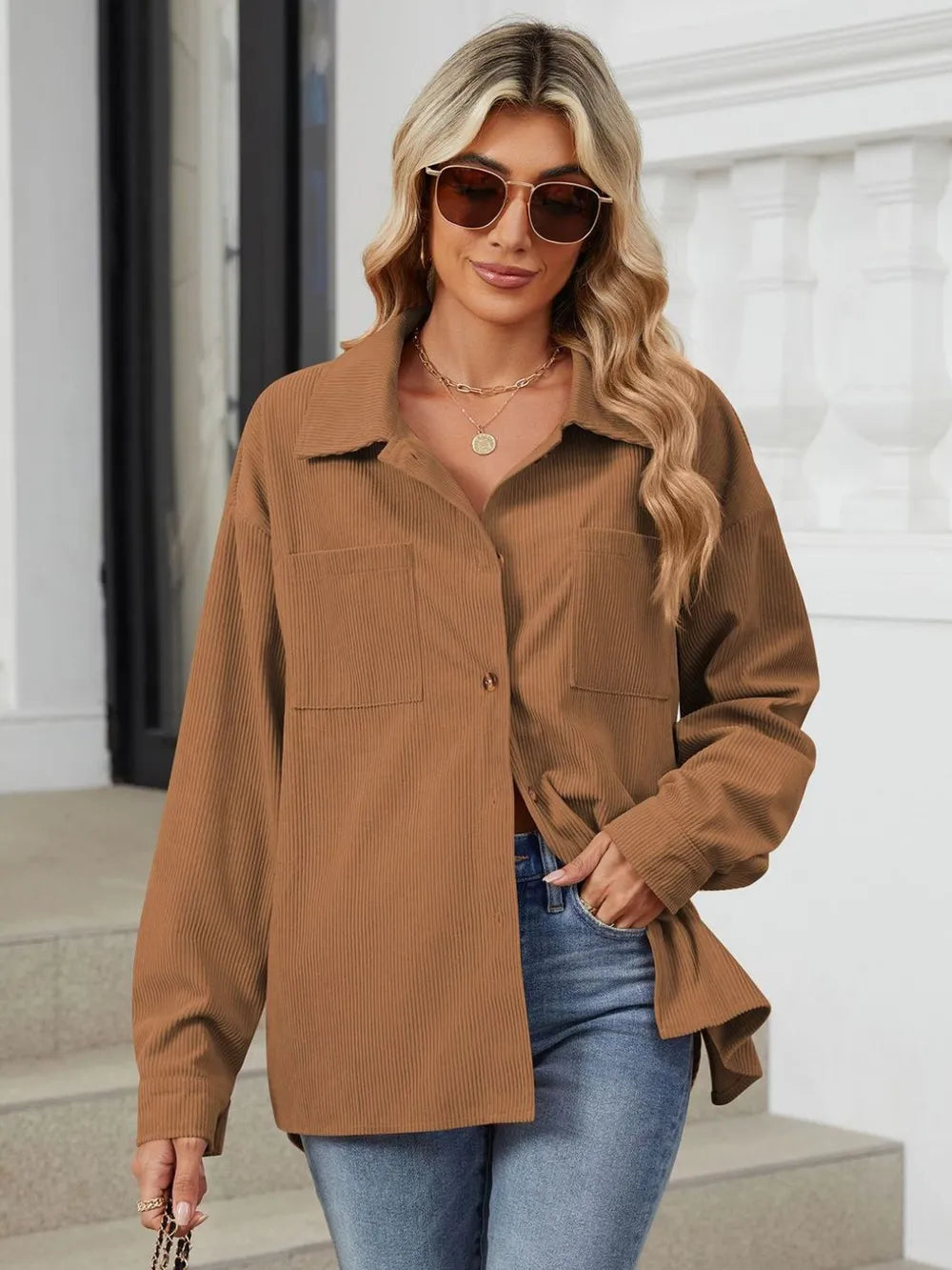 Button Up Dropped Shoulder Long Sleeve Outerwear - Lilixa.store