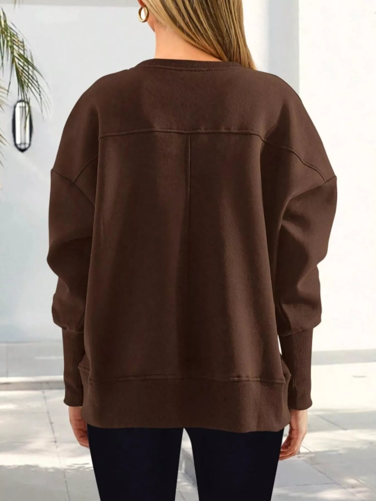 Slit Round Neck Dropped Shoulder Sweatshirt - Lilixa.store