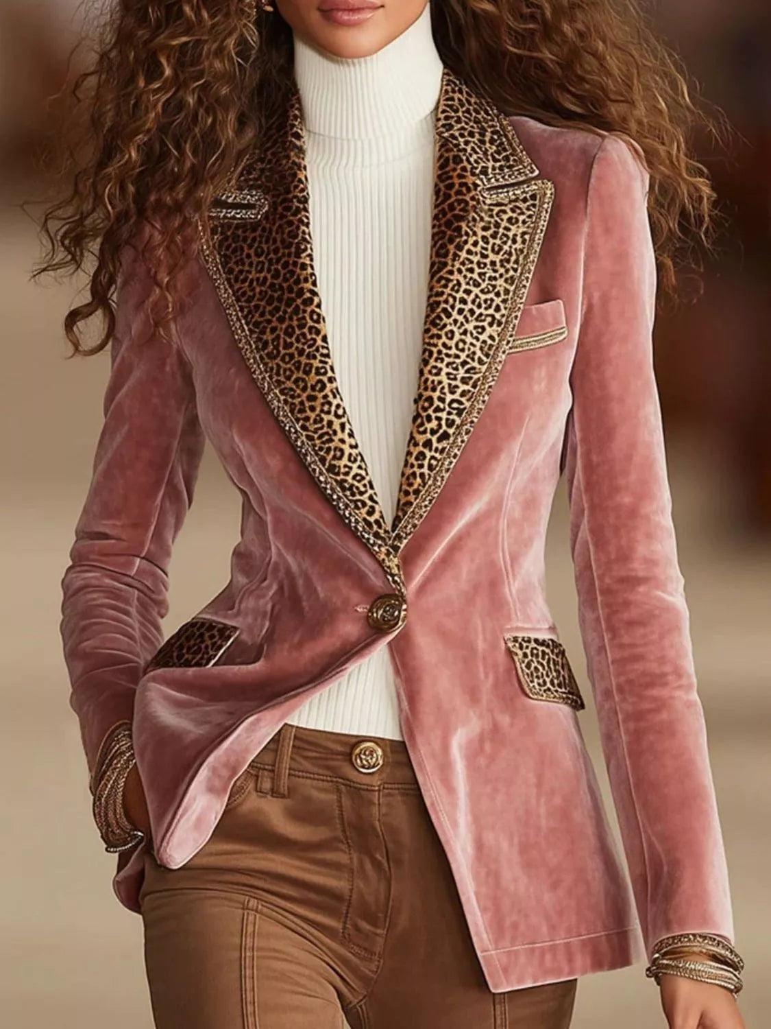 Full Size Leopard Collar One Button Blazer Plus Size - Lilixa.store