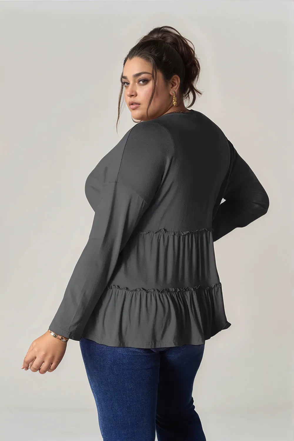 Double Take Half Button Long Sleeve Ruffle Hem Blouse - Lilixa.store