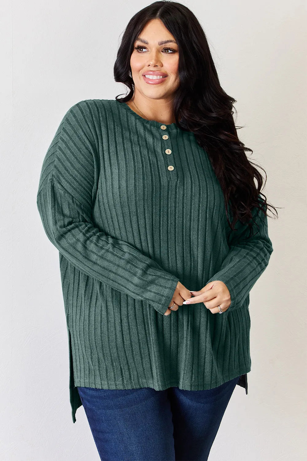 Basic Bae Full Size Ribbed Half Button Long Sleeve High-Low T-Shirt - Lilixa.store